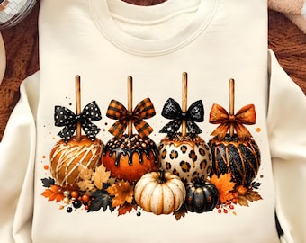 Herbstliche Karamelläpfel (PNG), Trendige Herbst-Zuckeräpfel-Sublimation, Verführerische Halloween-Leckerei-Grafik, Apfelgarten (PNG), Digitaler Download