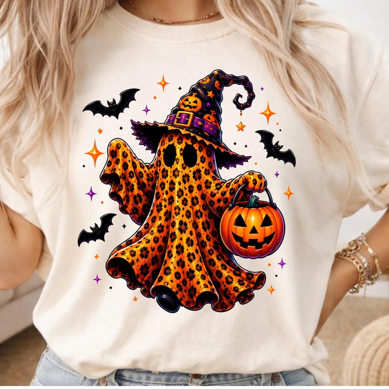 Coquette Leopard Ghost PNG, Cute Halloween Ghost PNG, Witch Hat Pumpkin Bucket Design, Preppy Spooky Season, Trendy Fall Digital Download image 5