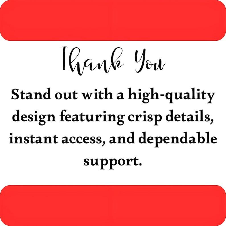 May include: A square graphic with red horizontal bars at the top and bottom. The white center features black text that reads: Thank You. Stand out with a high-quality design featuring crisp details, instant access, and dependable support.