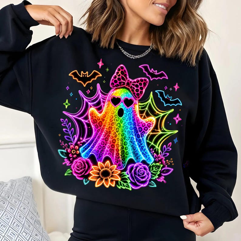 May include: A black long-sleeved sweatshirt featuring a vibrant, multi-coloured ghost graphic with a leopard print pattern, heart-shaped sunglasses, and a polka-dot bow. The design includes neon-coloured spiderwebs, bats, flowers, and stars.