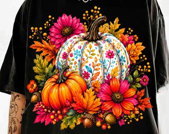 Fall Floral Pumpkin PNG, Boho Autumn Pumpkin PNG, Colorful Pumpkin Shirt Design, Cozy Fall PNG, Preppy Fall Sublimation, Digital Download