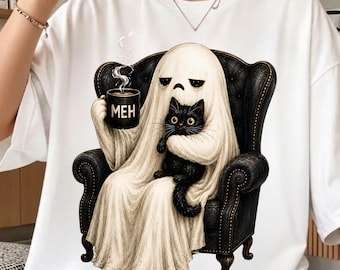 Geisterkatze (PNG), Gruselige schwarze Katze (PNG), Lustiges Halloween-Geister-Kaffeeliebhaber-PNG, Niedliches Geisterkatzen-Shirt-Design, Halloween-Digitaldownload
