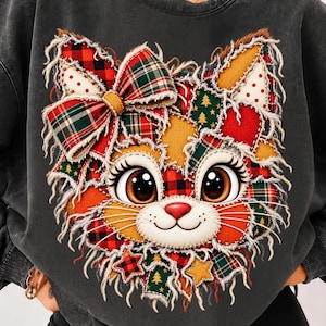Gatto patchwork natalizio PNG, design a sublimazione di un gattino scozzese rustico, gatto vintage in tessuto sfilacciato, grafica carina per maglietta natalizia in stile rustico