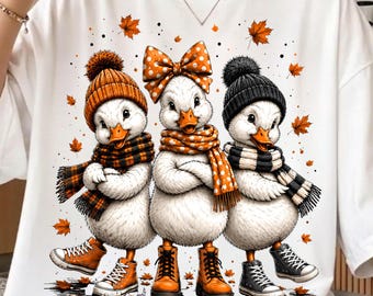 Fall Goose PNG, Funny Cozy Goose Trio PNG, Cute Autumn Goose Shirt Design, Cozy Fall Animal PNG, Autumn Sublimation, Pumpkin Season Goose
