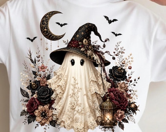 Dunkler Koketter-Geist (PNG), Gothic-Geist (PNG), Vintage-Spitzengeist-Sublimationsmotiv, Dark-Academia-Halloween-Design (PNG), Hexengeist-Shirt-Design