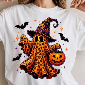 Coquette Leopard Ghost PNG, Cute Halloween Ghost PNG, Witch Hat Pumpkin Bucket Design, Preppy Spooky Season, Trendy Fall Digital Download image 4