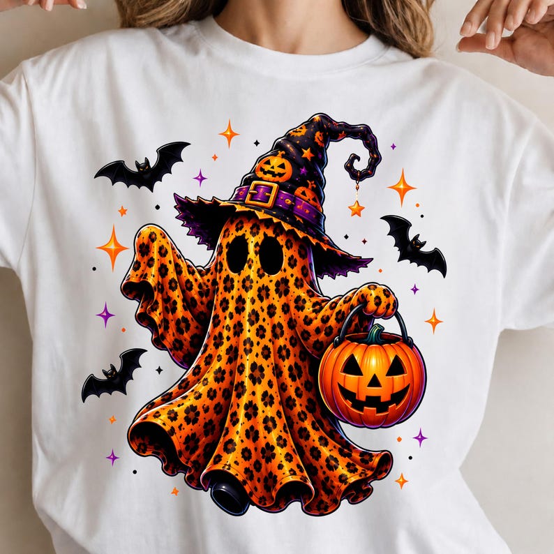 Coquette Leopard Ghost PNG, Cute Halloween Ghost PNG, Witch Hat Pumpkin Bucket Design, Preppy Spooky Season, Trendy Fall Digital Download image 4