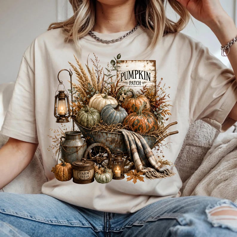 Może przedstawiać: Beżowy t-shirt z nadrukiem graficznym przedstawiającym rustykalną taczkę wypełnioną r&oacute;żnymi dyniami, suszoną pszenicą i liśćmi. Wz&oacute;r zawiera latarnię, metalowy dzbanek na mleko, znak z napisem PUMPKIN PATCH oraz koc w kratę narzucony na bok.