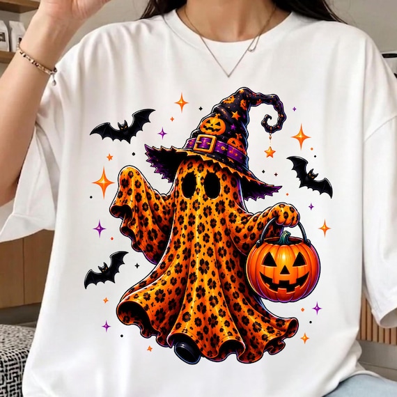 Coquette Leopard Ghost PNG, Cute Halloween Ghost PNG, Witch Hat Pumpkin Bucket Design, Preppy Spooky Season, Trendy Fall Digital Download