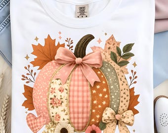 Fall Pumpkin PNG Design, Coquette Autumn Shirt Graphic, Patchwork Pumpkin Sublimation PNG, Trendy Retro Fall Bow Art, Digital Download