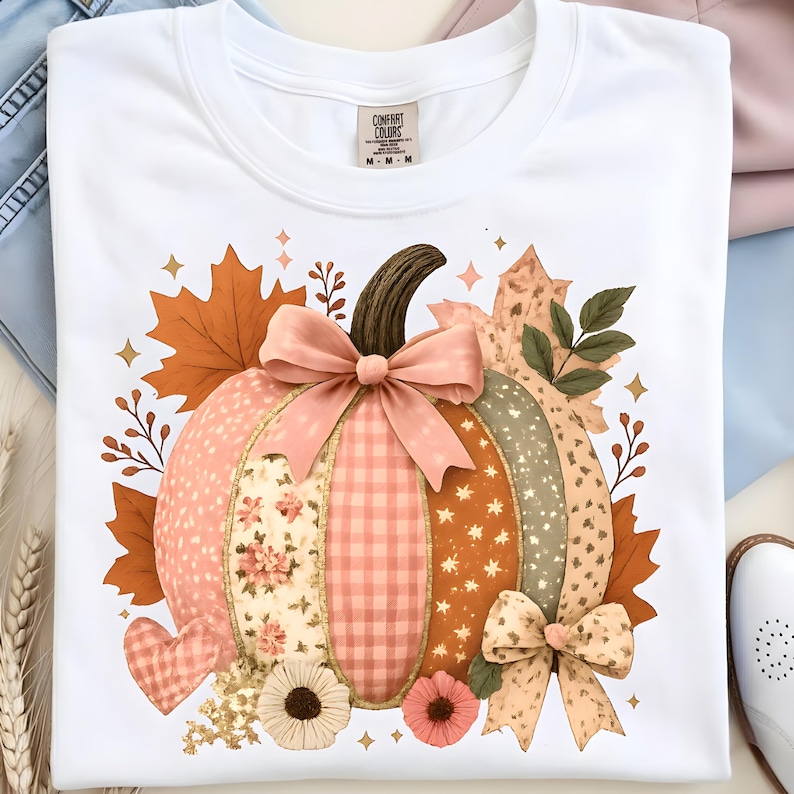 May include: White t-shirt featuring a colorful pumpkin design. The pumpkin is segmented with various patterns, including floral, gingham, and star prints, and adorned with a pink bow. Autumn leaves and floral accents surround the pumpkin, creating a festive fall theme.