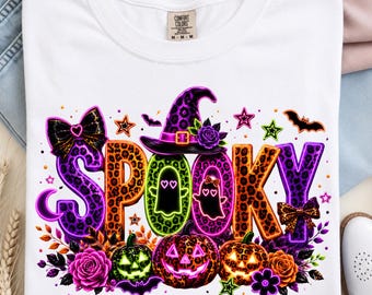 Spooky Neon Halloween PNG, Leopard Spooky Ghost PNG, Neon Pumpkin Sublimation, Cute Halloween Shirt Design, Trendy Spooky Season