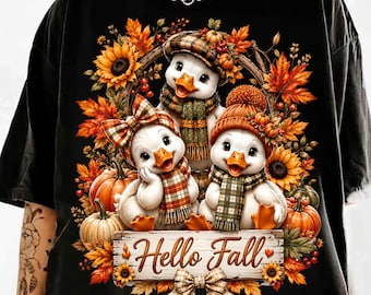 Hello Fall Goose PNG, Cute Autumn Goose Family Sublimation Design, Funny Fall Duck Shirt PNG, Cozy Pumpkin Autumn Digital Download
