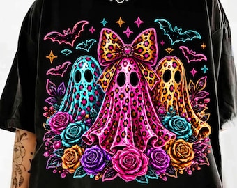 Kokettes Neon-Geister-Trio (PNG), Leoparden-Halloween-Geist (PNG), Blumiges T-Shirt-Design für die Gruselsaison, Niedlicher Preppy-Sublimations-Download