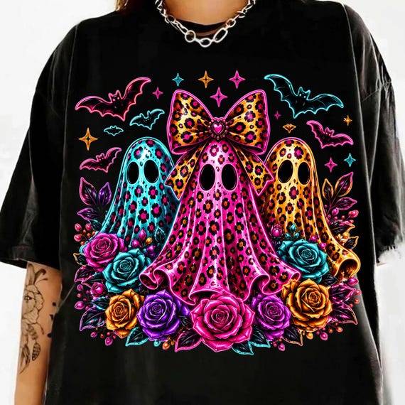 Coquette Neon Ghost Trio PNG, Leopard Halloween Ghost PNG, Floral Spooky Season Shirt Design, Cute Preppy Sublimation Digital Download