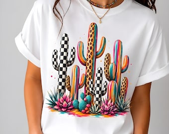 Colorful Cactus PNG, Leopard Checkerboard Western Sublimation, Faux Oil Painted Desert Boho Graphic, Trendy Southwest PNG, Digital Download