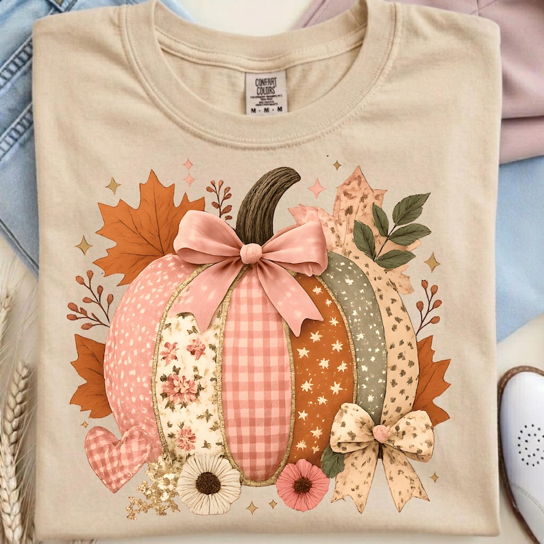 May include: Beige Comfort Colors t-shirt featuring a colorful pumpkin design. The pumpkin has sections of pink floral, gingham, and star patterns, with a brown stem and pink bows. Autumn leaves and flowers surround the pumpkin, creating a fall theme.