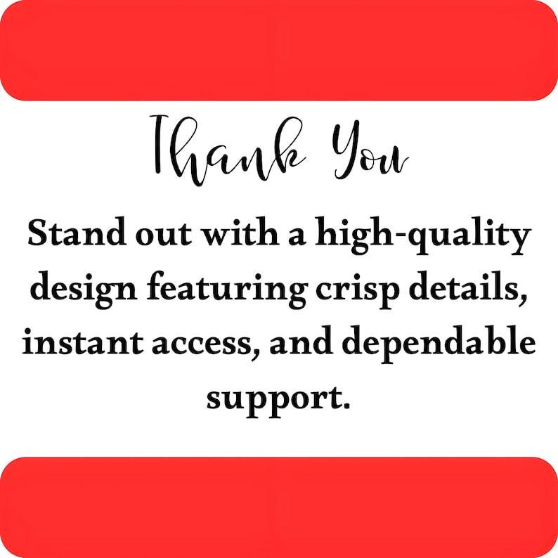 May include: A square graphic with red horizontal bars at the top and bottom. The white center features black text that reads: Thank You. Stand out with a high-quality design featuring crisp details, instant access, and dependable support.