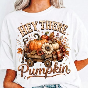 May include: A white t-shirt featuring a graphic print of a wooden wagon filled with a large orange pumpkin, a sunflower, autumn leaves, and a plaid blanket. The text "HEY THERE" appears above the wagon, and "Pumpkin" is written below it.