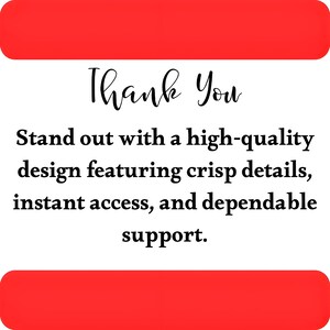 May include: White background with red horizontal bars at the top and bottom. The text "Thank You" is written in a cursive font. Below, the text reads: "Stand out with a high-quality design featuring crisp details, instant access, and dependable support."