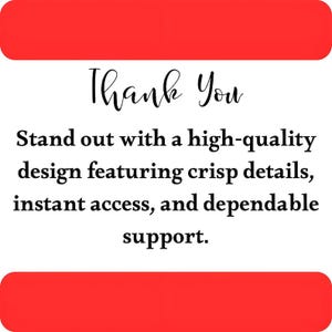 K&ouml;nnte beinhalten: Eine quadratische Grafik mit roten horizontalen Balken oben und unten. In der wei&szlig;en Mitte steht schwarzer Text: Thank You. Stand out with a high-quality design featuring crisp details, instant access, and dependable support.