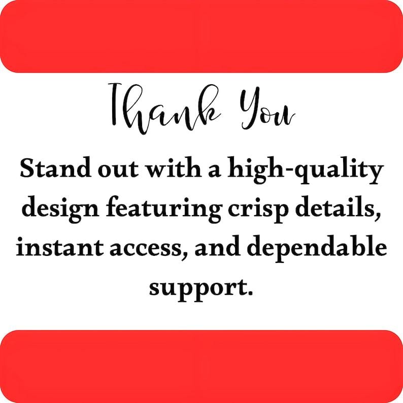 K&ouml;nnte beinhalten: Eine quadratische Grafik mit roten horizontalen Balken oben und unten. In der wei&szlig;en Mitte steht schwarzer Text: Thank You. Stand out with a high-quality design featuring crisp details, instant access, and dependable support.