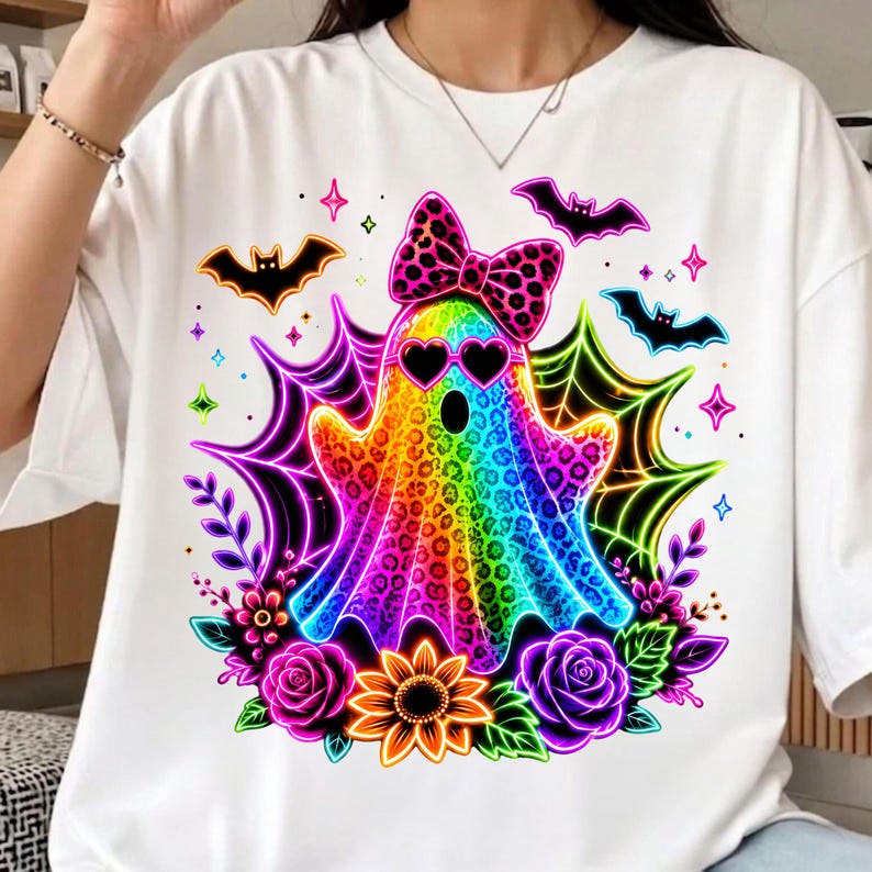 May include: A white t-shirt featuring a colourful, rainbow-hued ghost graphic with a leopard print pattern. The ghost wears heart-shaped sunglasses and a matching leopard print bow. It is surrounded by neon spiderwebs, bats, and flowers.