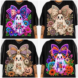 May include: A black t-shirt featuring four distinct graphic designs of ghosts with large bows, colorful floral patterns, and patchwork details. The prints include various combinations of bright flowers, pumpkins, and intricate fabric textures on the ghosts.