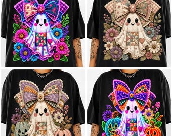 Patchwork Neon Ghost PNG Bundle, Cute Quilted Halloween Ghost PNG, Floral Bow Ghost Sublimation, Neon Cottagecore Halloween Digital Download