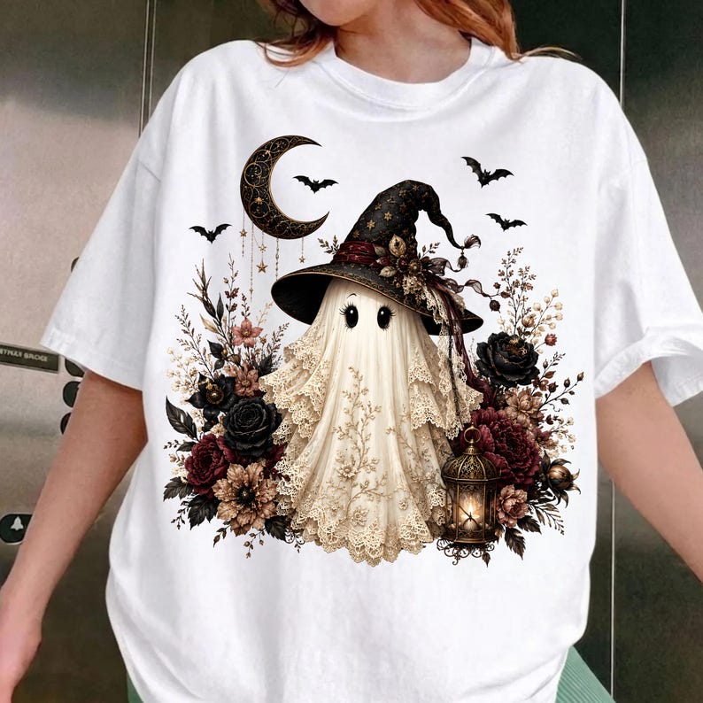 Dunkler Koketter-Geist (PNG), Gothic-Geist (PNG), Vintage-Spitzengeist-Sublimationsmotiv, Dark-Academia-Halloween-Design (PNG), Hexengeist-Shirt-Design Bild 2