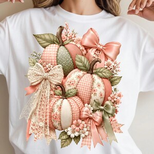 Calabaza patchwork color melocotón PNG, diseño de lazo otoñal coqueto, gráfico de calabaza floral vintage, descarga de sublimación para camiseta otoñal estilo cottagecore