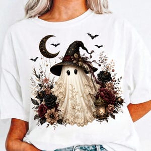 Dunkler Koketter-Geist (PNG), Gothic-Geist (PNG), Vintage-Spitzengeist-Sublimationsmotiv, Dark-Academia-Halloween-Design (PNG), Hexengeist-Shirt-Design Bild 6