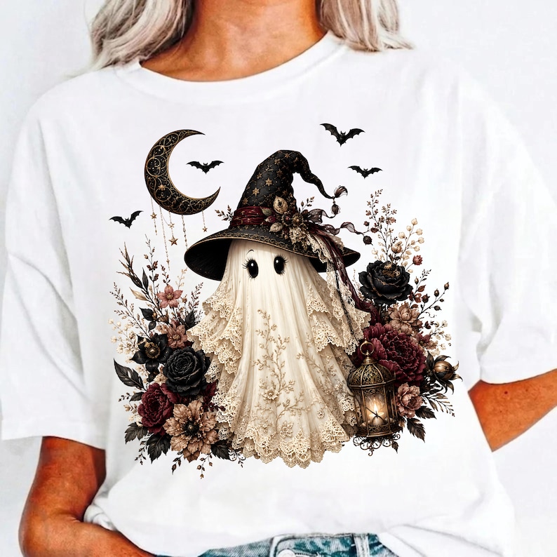 Dunkler Koketter-Geist (PNG), Gothic-Geist (PNG), Vintage-Spitzengeist-Sublimationsmotiv, Dark-Academia-Halloween-Design (PNG), Hexengeist-Shirt-Design Bild 6