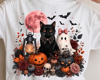 Trendy Black Cat PNG, Girly Halloween Ghost Design, Floral Pumpkin Spooky Season Graphic, Cute Fall Sublimation Download