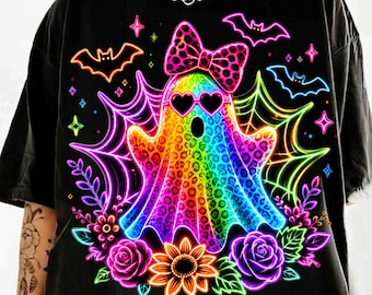 Neonfarbener Regenbogengeist (PNG), niedlicher Halloween-Geist (PNG), Leopardengeist-Sublimationsdruck, farbenfrohes T-Shirt-Design für die Gruselsaison, Halloween-Download (digital)