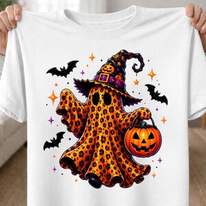 Coquette Leopard Ghost PNG, Cute Halloween Ghost PNG, Witch Hat Pumpkin Bucket Design, Preppy Spooky Season, Trendy Fall Digital Download image 7