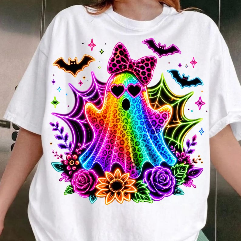 May include: A white t-shirt featuring a colourful graphic of a ghost with a leopard print pattern, wearing heart-shaped sunglasses and a matching bow. The design includes neon-coloured spider webs, bats, roses, and a sunflower in a vibrant style.