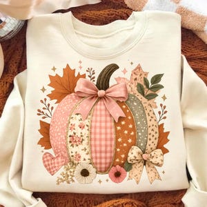 May include: Cream-colored sweatshirt featuring a colorful pumpkin design. The pumpkin is segmented with floral, gingham, and star patterns, accented with a pink bow and autumn leaves. The design includes a heart and flowers, perfect for fall.