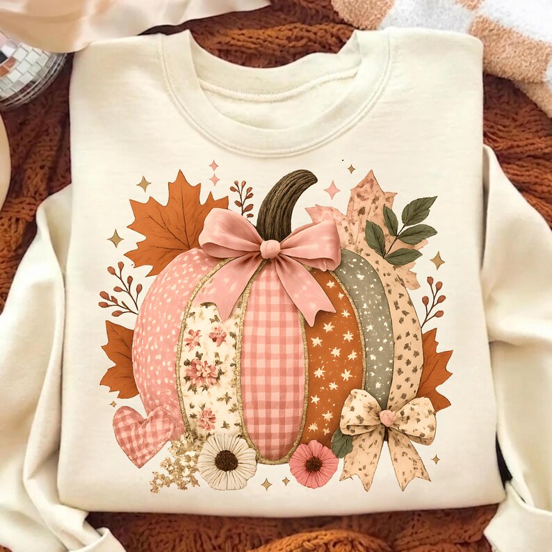 May include: Cream-colored sweatshirt featuring a colorful pumpkin design. The pumpkin is segmented with floral, gingham, and star patterns, accented with a pink bow and autumn leaves. The design includes a heart and flowers, perfect for fall.