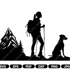 Wandern, SVG, Wandern Frau SVG, Wandern Frau mit Hund SVG, PNG, Wandern Silhouette geschnitten Datei für Cricut, sofortiger Download, digitaler Download, Dxf