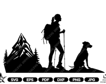Hiking Woman and Dog SVG: Mountain Silhouette Cut File (Digital Download)