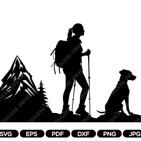 Hiking Svg, Hiking Woman SVG, Hiking Woman with Dog SVG, PNG, Hiking Silhouette Cut file for Cricut, Instant Download, Digital Download, Dxf