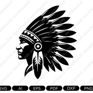 Indian SVG, Chief, Warrior Mascot Svg, Digital Svg for Cricut & Silhouette, Ai, Eps, Pdf, Dxf, Png, Jpg Files, Tribal Chief Design