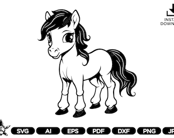 May include: A black and white illustration of a cartoon pony. The pony has a flowing black mane and tail, large eyes, and is standing on four legs. The image includes the words "INSTANT DOWNLOAD" and various file type icons.