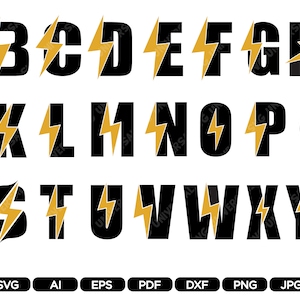 May include: Black and gold alphabet letters with a lightning bolt design. The letters are uppercase and are arranged in alphabetical order.