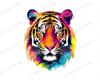 Bunter Tigerkopf PNG: Sublimationsdesign, transparenter Hintergrund (Digitaler Download)