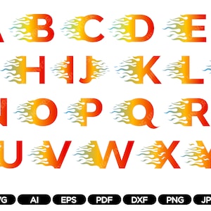 Letras de chama SVG, alfabeto de letras ardentes, clipart de fonte de fogo, corte de arquivo download instantâneo carta digital, PNG, Pdf, AI, Eps, Jpg, Dxf