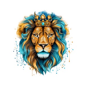 Lion PNG, Lion Portrait PNG, Imperial Lion Style with Golden Crown and Blue Details, Lion Clipart, Sublimation Lion Portrait, DTG Printing