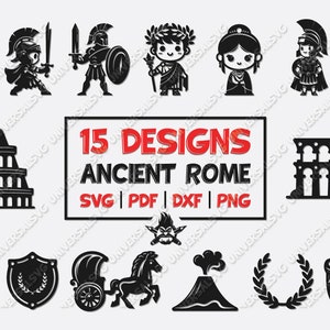 Ancient Rome SVG-bundel, 15 klassieke Romeinse iconen voor knutselen, digitale download, SVG's met geschiedenisthema voor onderwijs en decor