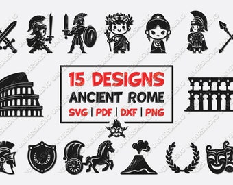 Ancient Rome SVG-bundel, 15 klassieke Romeinse iconen voor knutselen, digitale download, SVG's met geschiedenisthema voor onderwijs en decor